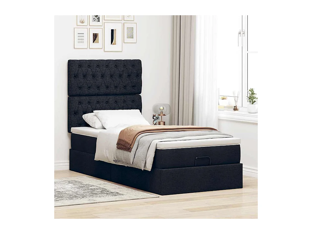 Cadre de lit ottoman avec matelas noir 90x200 cm tissu