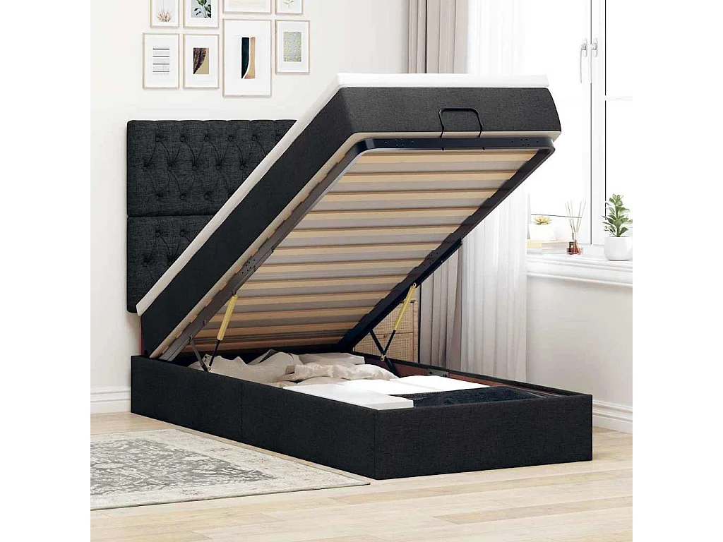 Cadre de lit ottoman avec matelas noir 90x200 cm tissu