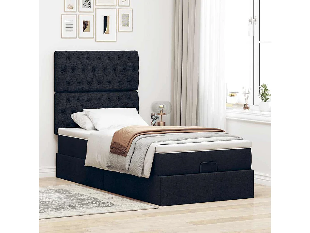 Cadre de lit ottoman avec matelas noir 90x200 cm tissu
