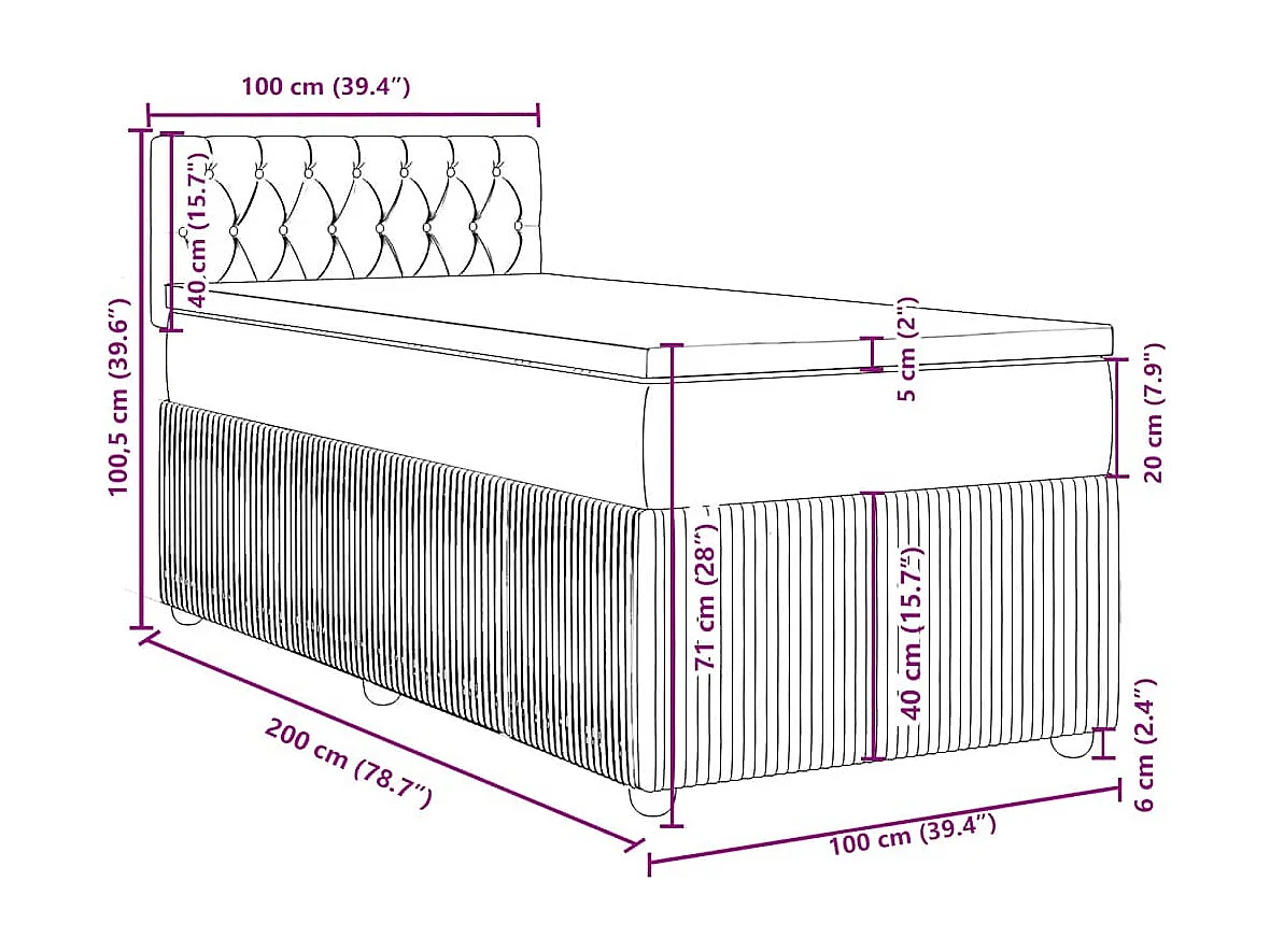 Cama box spring con colchón tela gris claro 100x200 cm