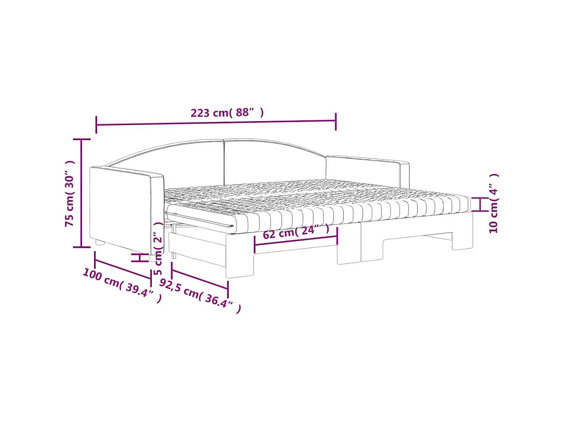 Lit de jour avec gigogne et matelas taupe 90x200 cm tissu