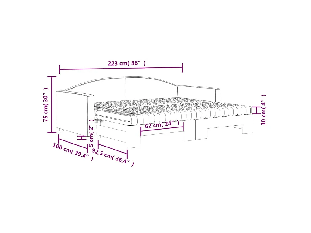 Lit de jour avec gigogne et matelas taupe 90x200 cm tissu