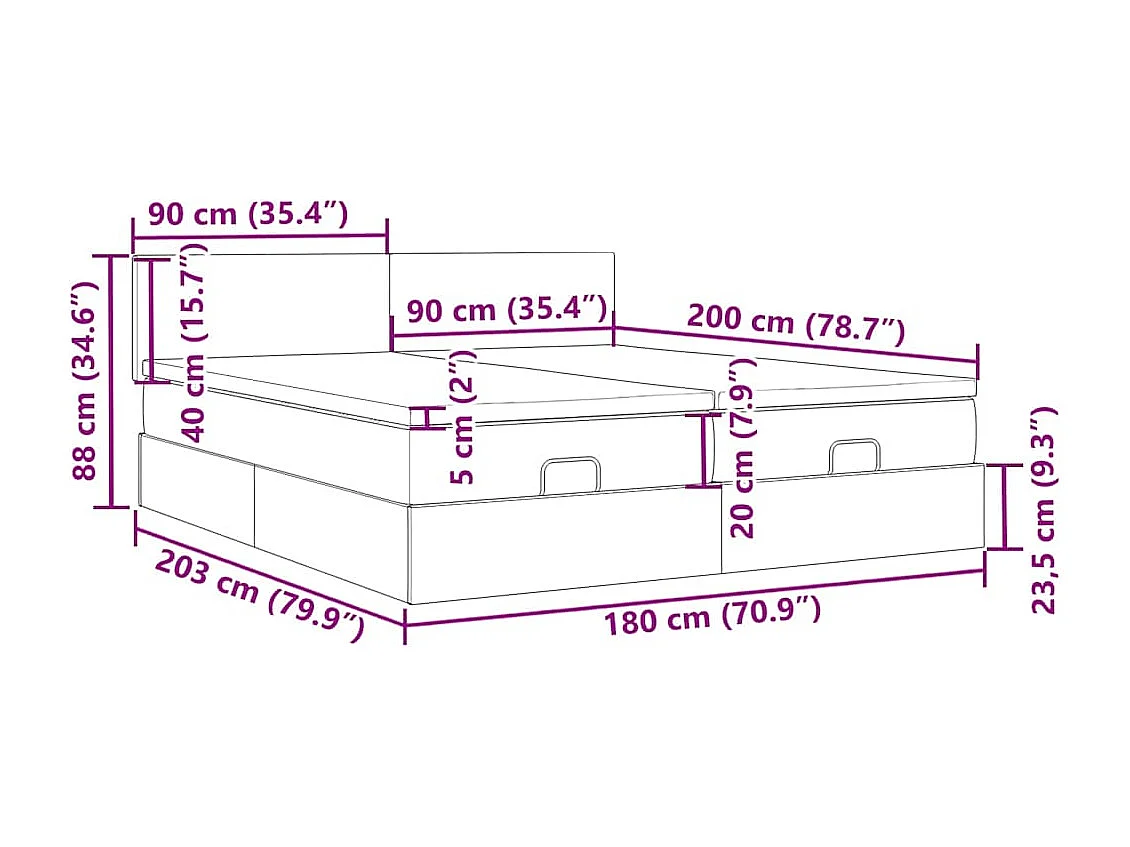 Estrutura de cama otomana com colchão 180x200cm castanho escuro