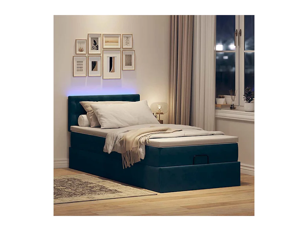 Ottoman-Bett mit Matratze & LEDs Dunkelblau 90x200 cm Samt