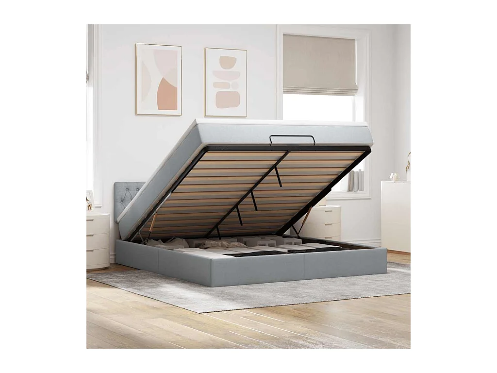 Cadre de lit ottoman et matelas gris clair 180x200 cm tissu