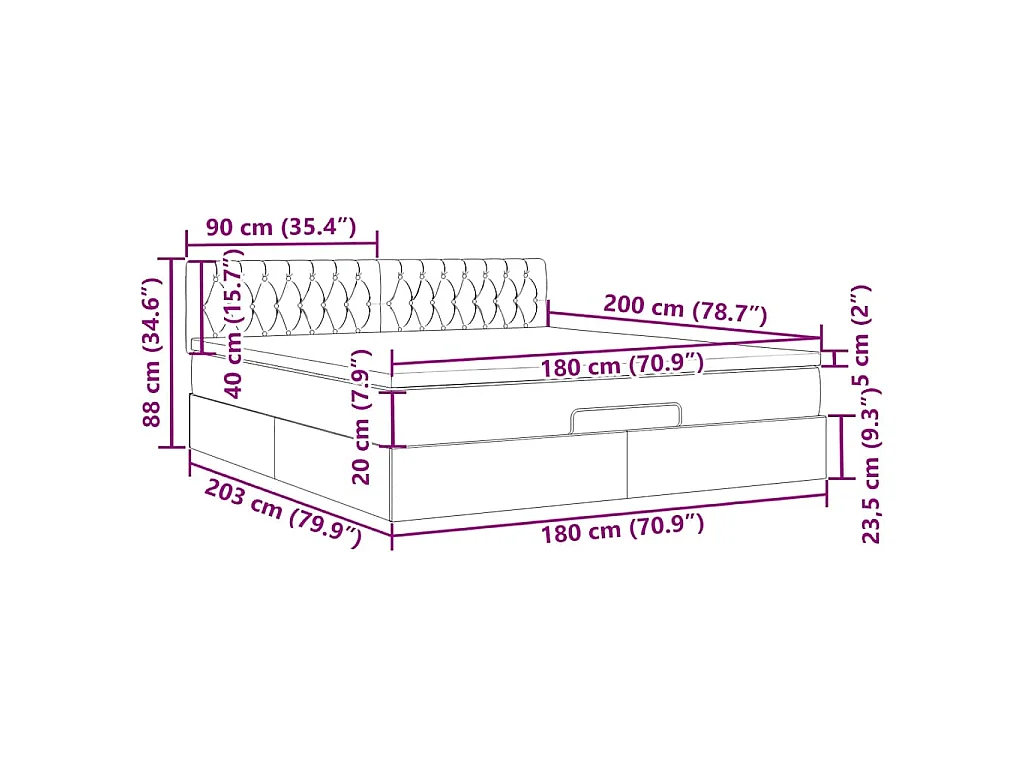 Cadre de lit ottoman et matelas gris clair 180x200 cm tissu
