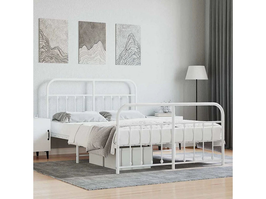 Cadre de lit métal sans matelas et pied de lit blanc 140x200 cm