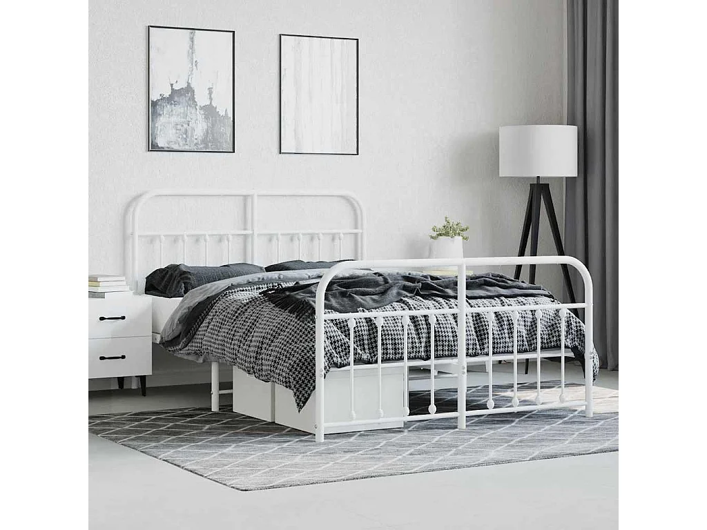 Cadre de lit métal sans matelas et pied de lit blanc 140x200 cm
