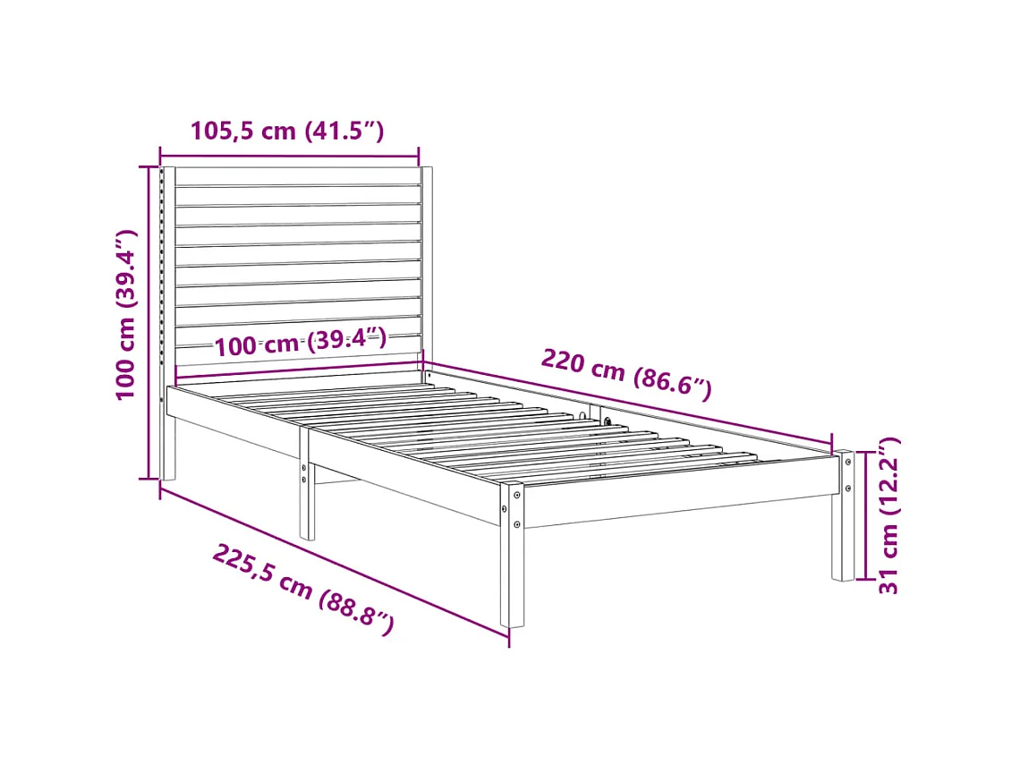 Cadre de lit extra long sans matelas 100x220 cm bois massif