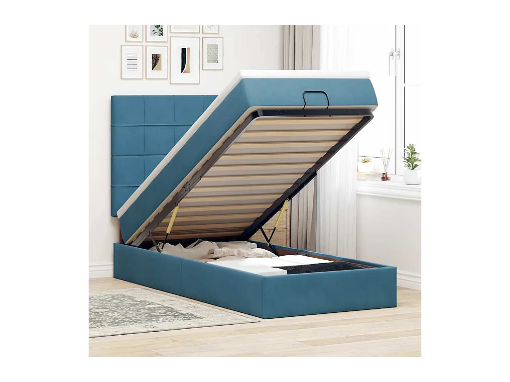 Cadre de lit ottoman avec matelas bleu foncé 100x200 cm velours