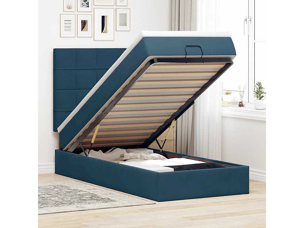 Cadre de lit ottoman avec matelas bleu foncé 100x200 cm velours