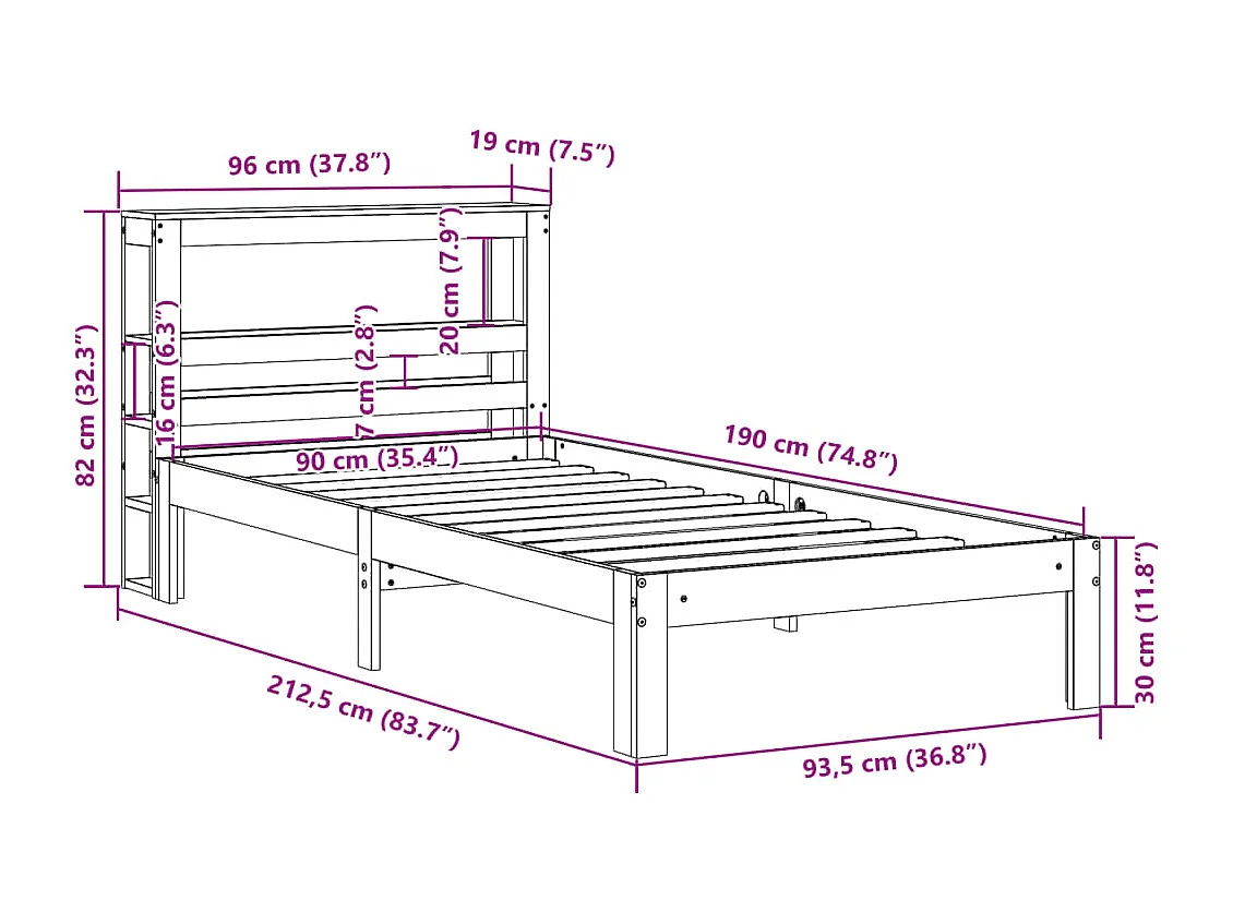 Estructura de cama con cabecero madera maciza pino 90x190 cm