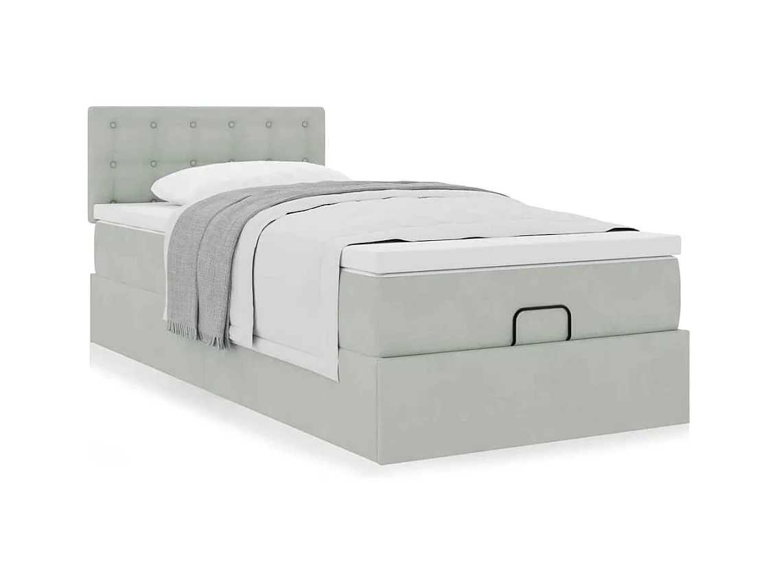 Cadre de lit ottoman et matelas gris clair 90x200 cm velours