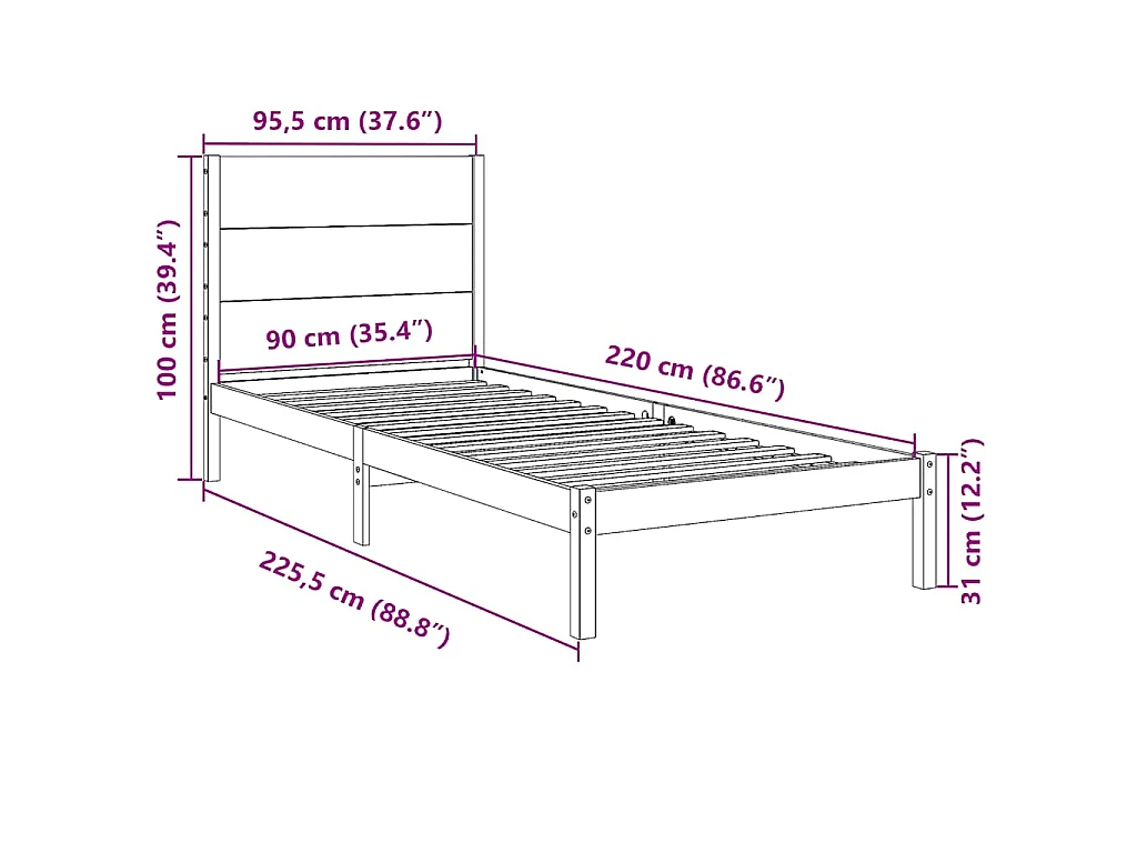 Cadre de lit extra long sans matelas 90x220 cm bois massif