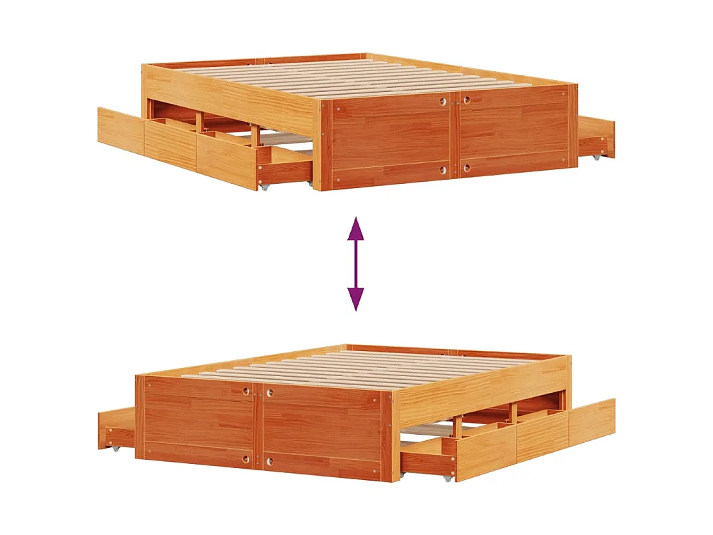 Cadre de lit sans matelas avec tiroirs 140x190 cm bois de pin