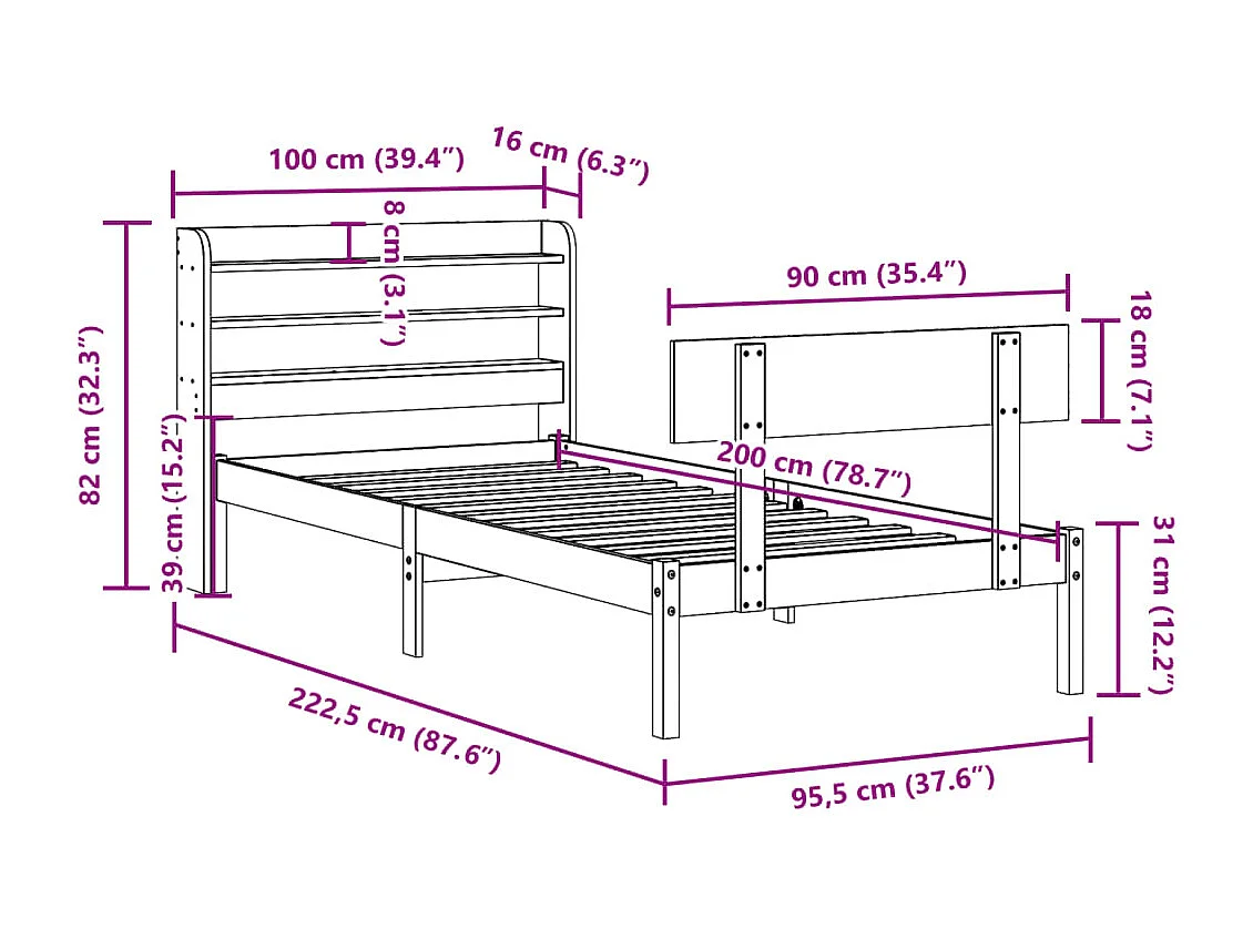 Bedframe zonder matras massief grenenhout wit 90x200 cm