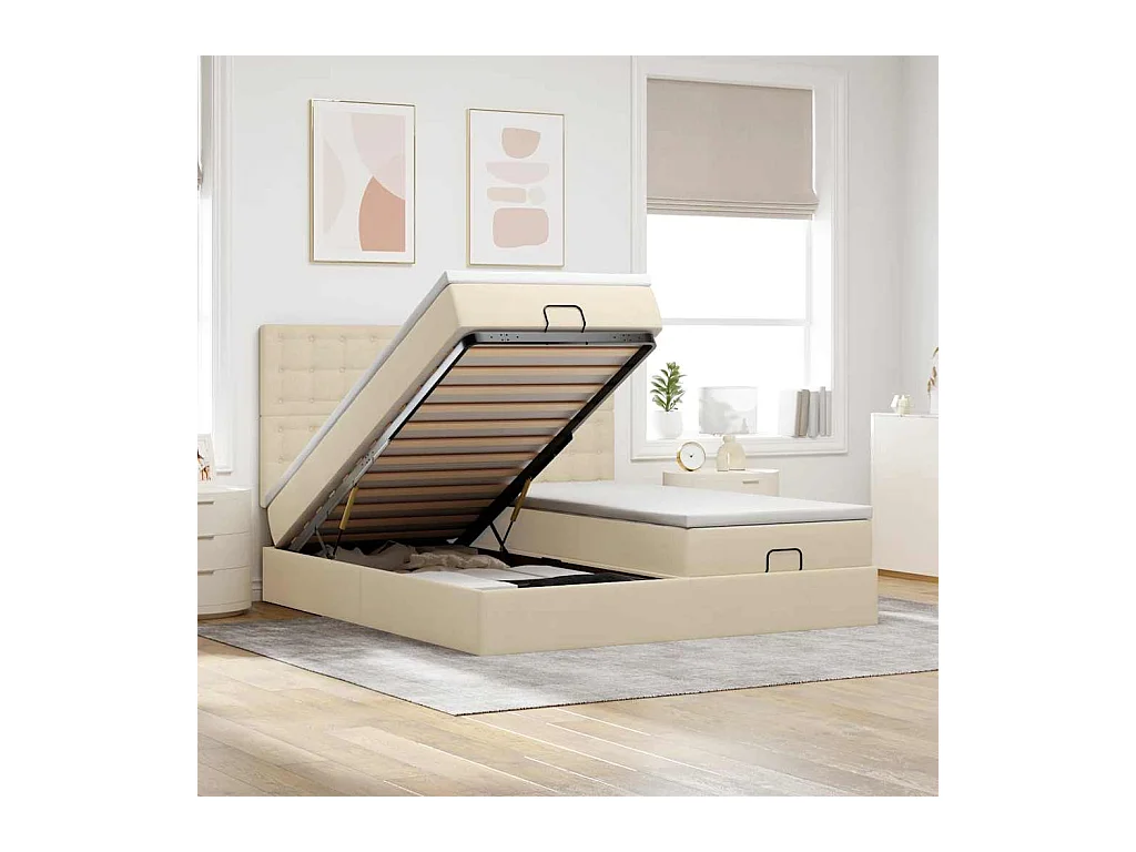 Cadre de lit ottoman avec matelas crème 160x200 cm tissu