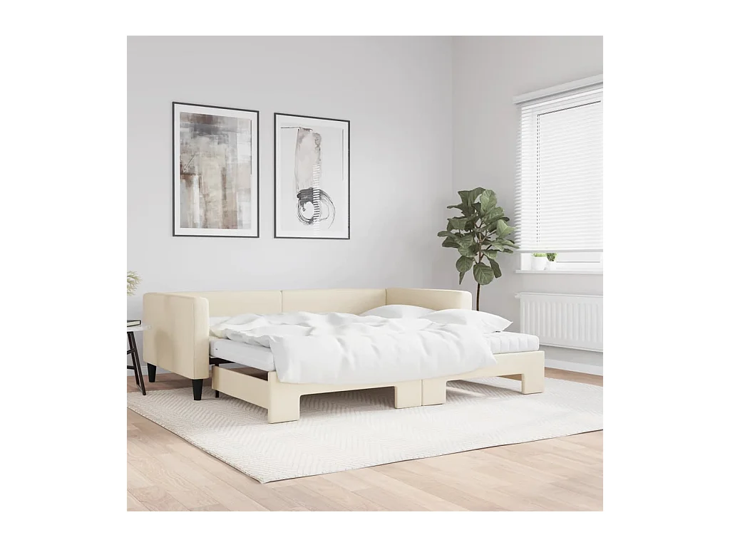 Lit de jour avec gigogne et matelas crème 100x200 cm tissu