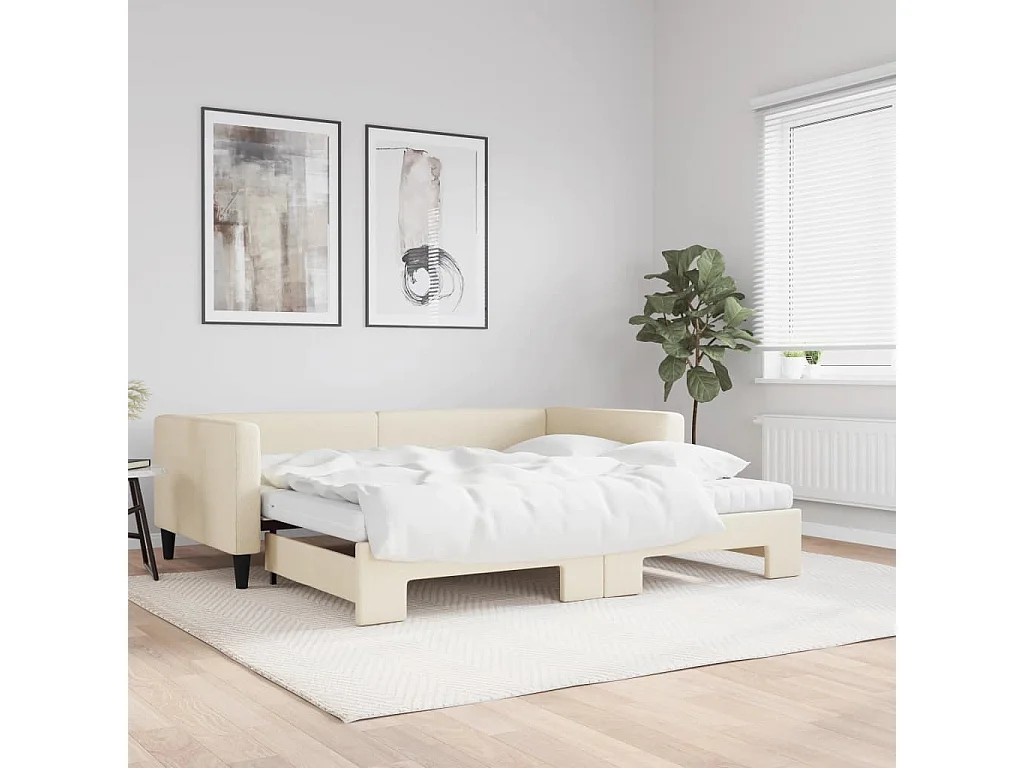 Tagesbett Ausziehbar mit Matratzen Creme 100x200 cm Stoff