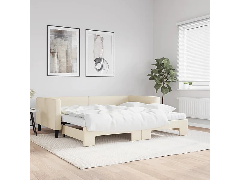Tagesbett Ausziehbar mit Matratzen Creme 100x200 cm Stoff