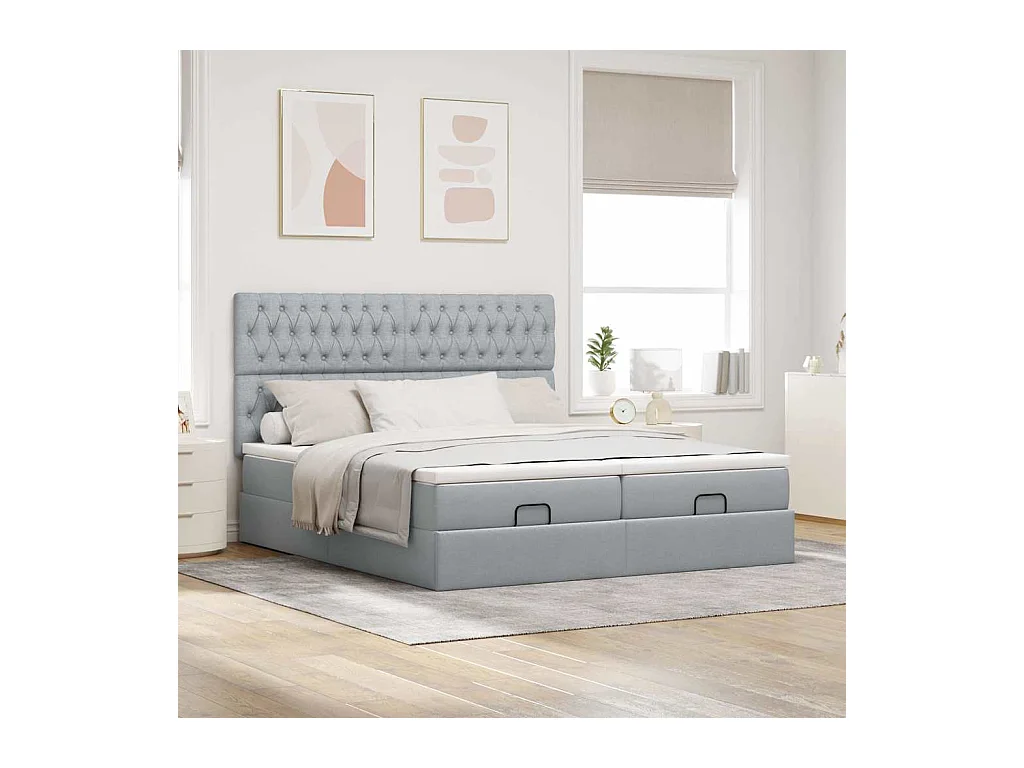 Cadre de lit ottoman et matelas gris clair 160x200cm tissu