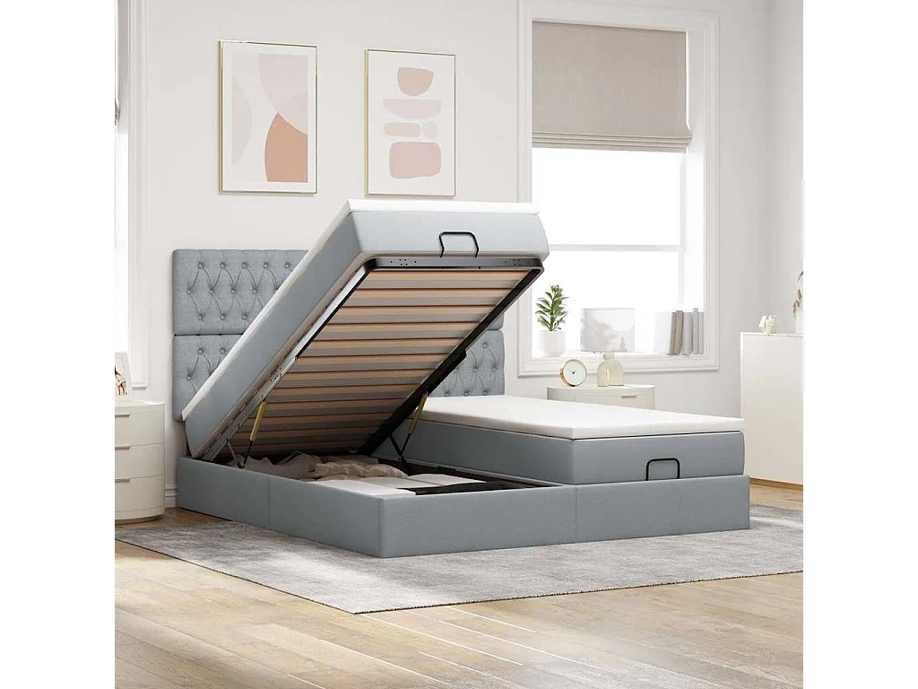 Ottoman bed met matrassen en LED's 160x200cm stof lichtgrijs