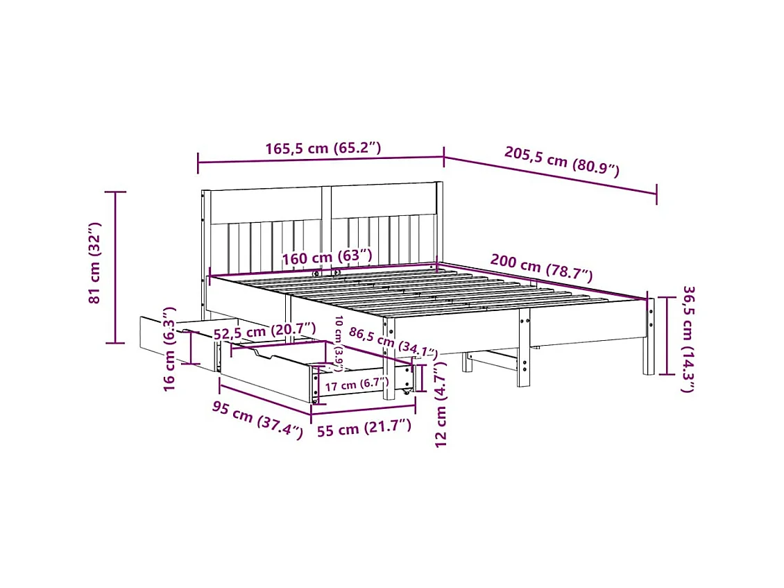Cadre de lit sans matelas 160x200 cm bois massif de pin