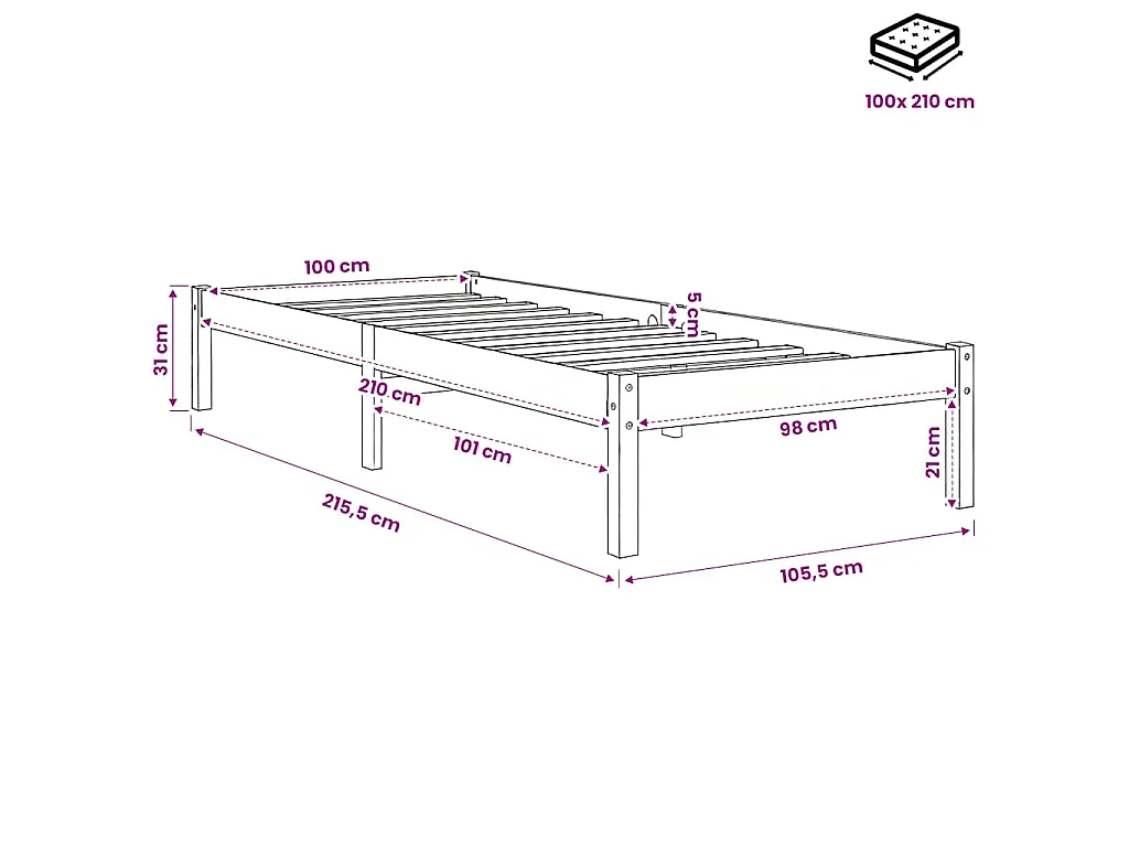 Letto Extra Lungo senza Materasso 100x210 cm in Legno di Pino