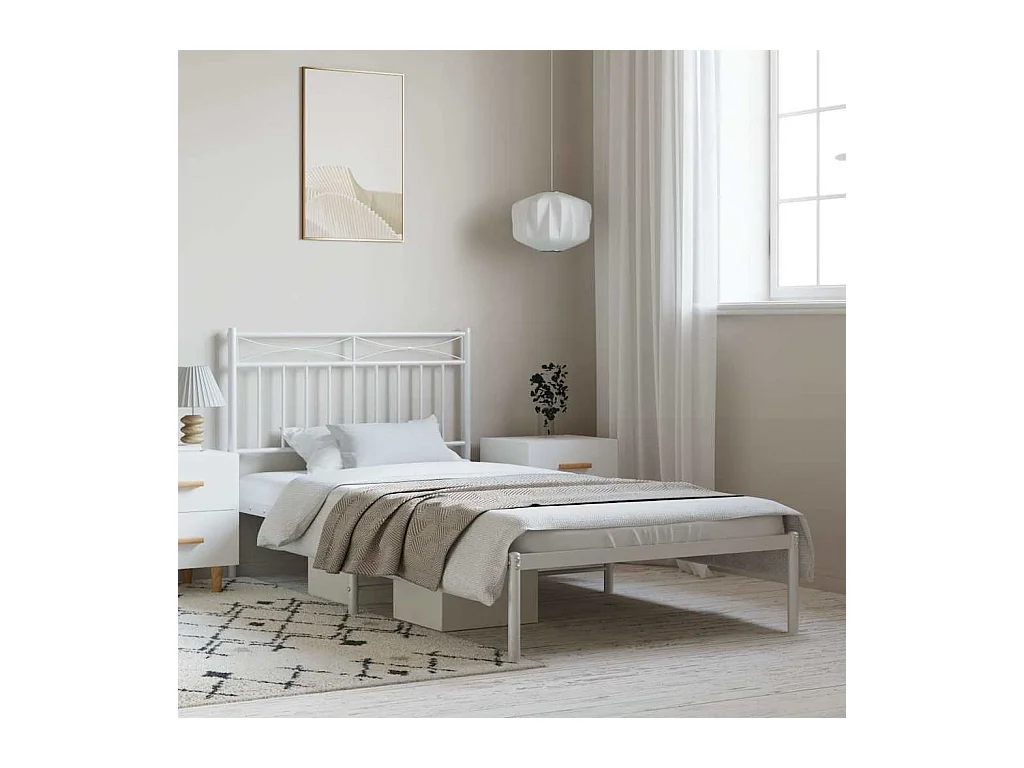 Cadre de lit métal sans matelas et tête de lit blanc 100x200 cm