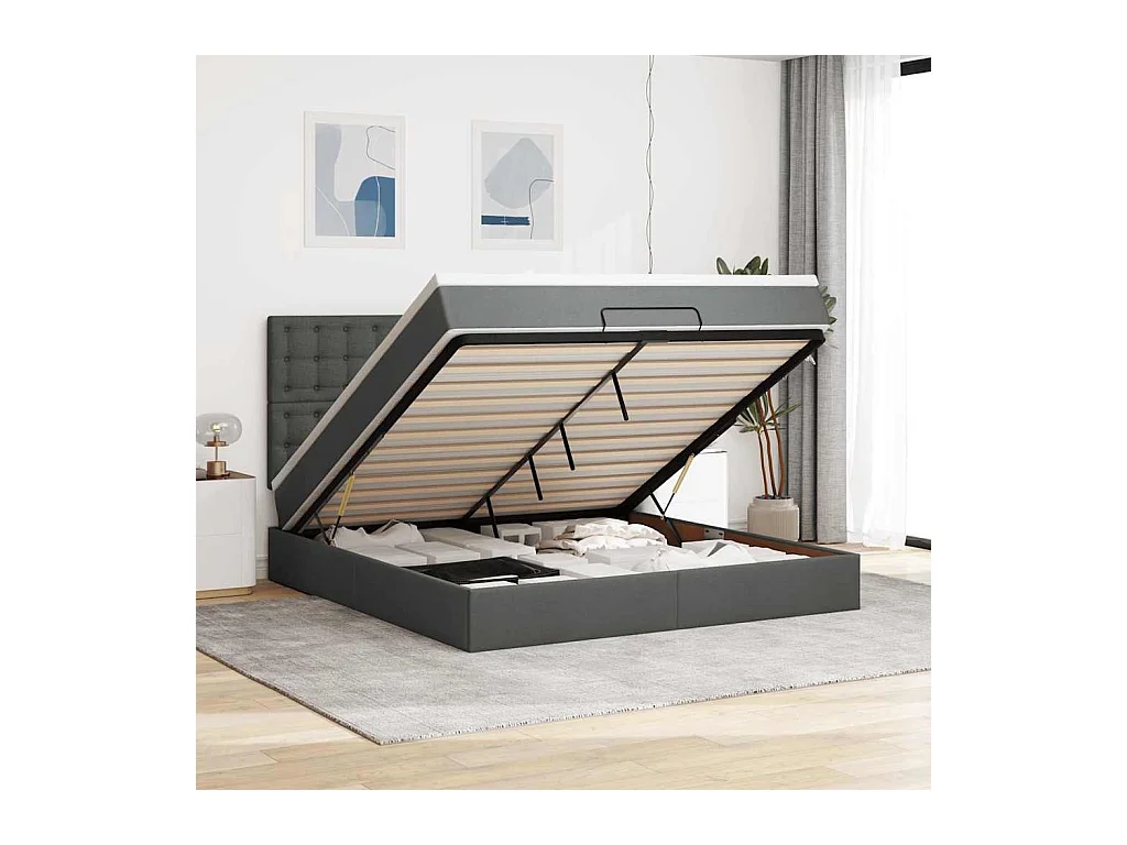 Cadre de lit ottoman avec matelas gris foncé 160x200cm tissu