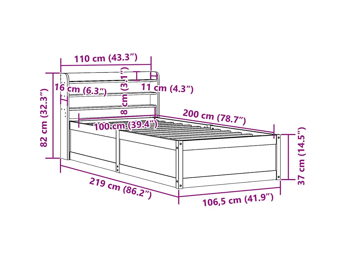 Bedframe met hoofdbord massief grenenhout wasbruin 100x200 cm
