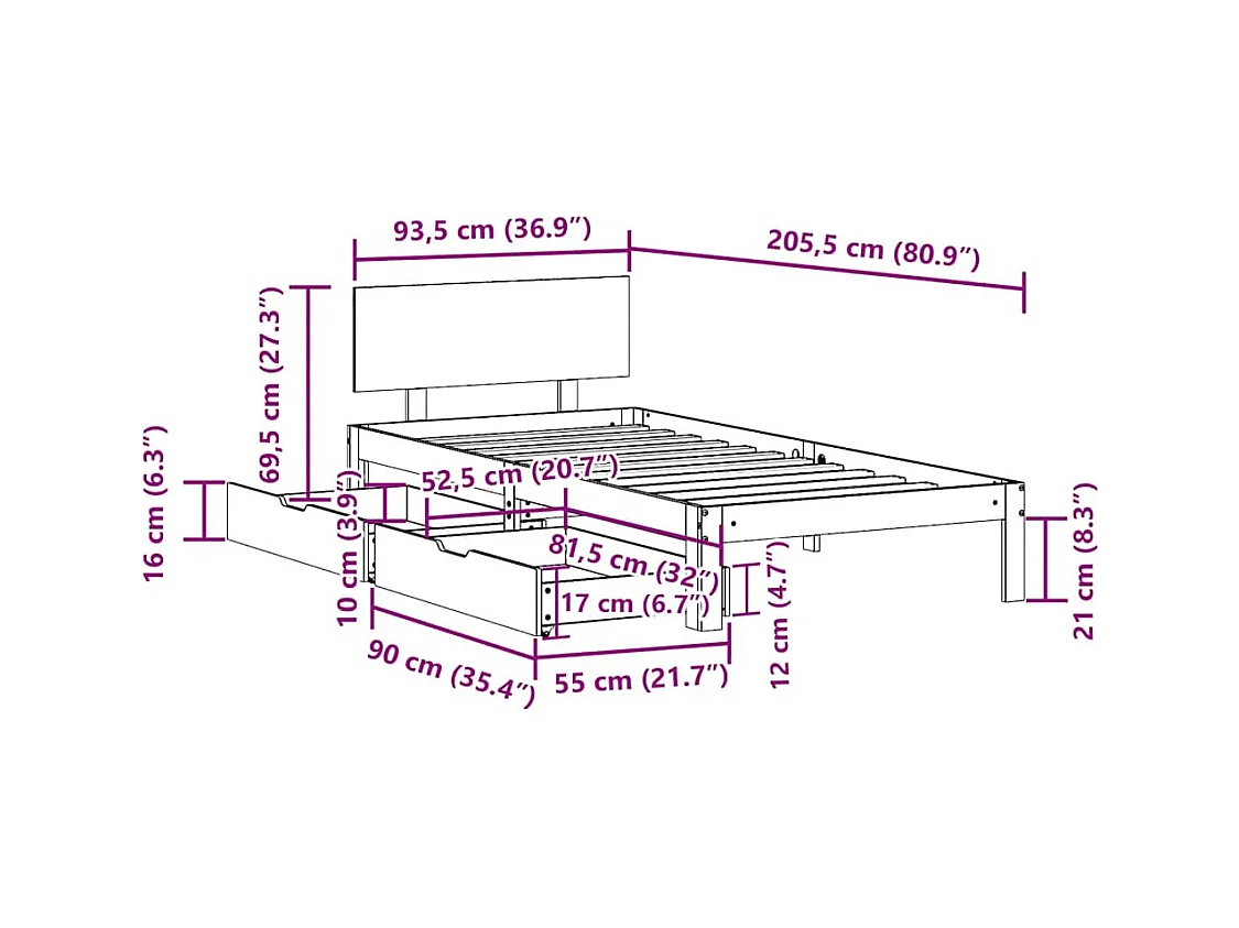 Cadre de lit avec tiroirs sans matelas blanc 90x200 cm