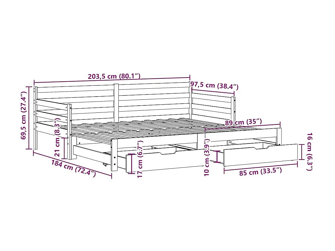 Tagesbett Ausziehbar mit Schubladen ohne Matratze 90x200 cm