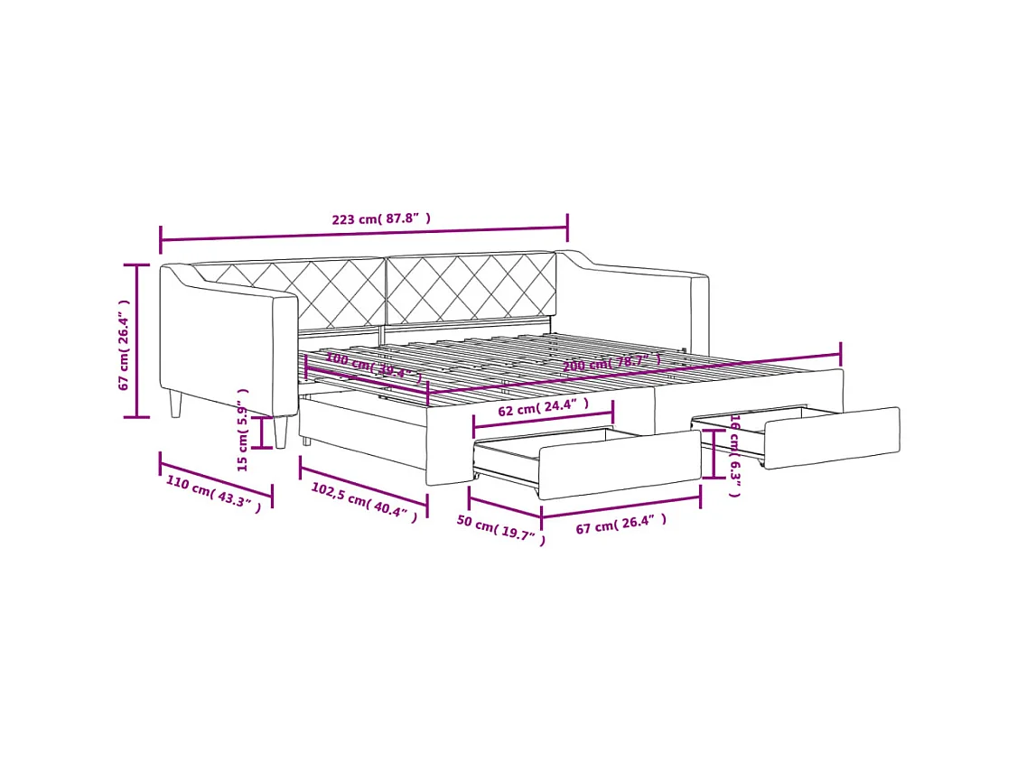 Tagesbett Ausziehbar mit Schubladen Dunkelgrau 100x200 cm Stoff