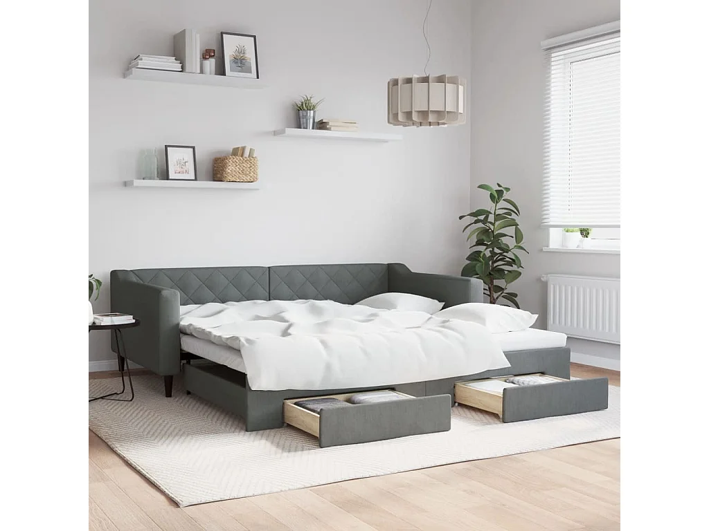 Slaapbank onderschuifbed en lades 100x200 cm stof donkergrijs