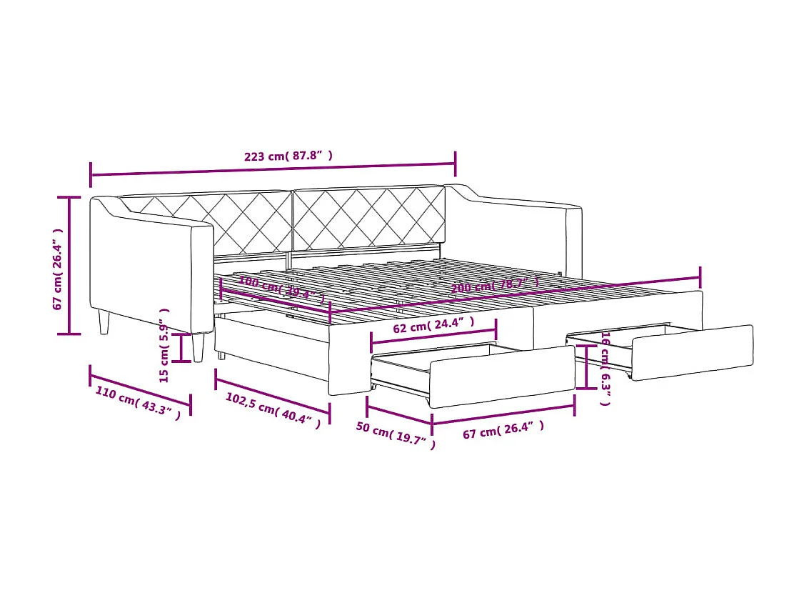 Slaapbank onderschuifbed en lades 100x200 cm stof donkergrijs
