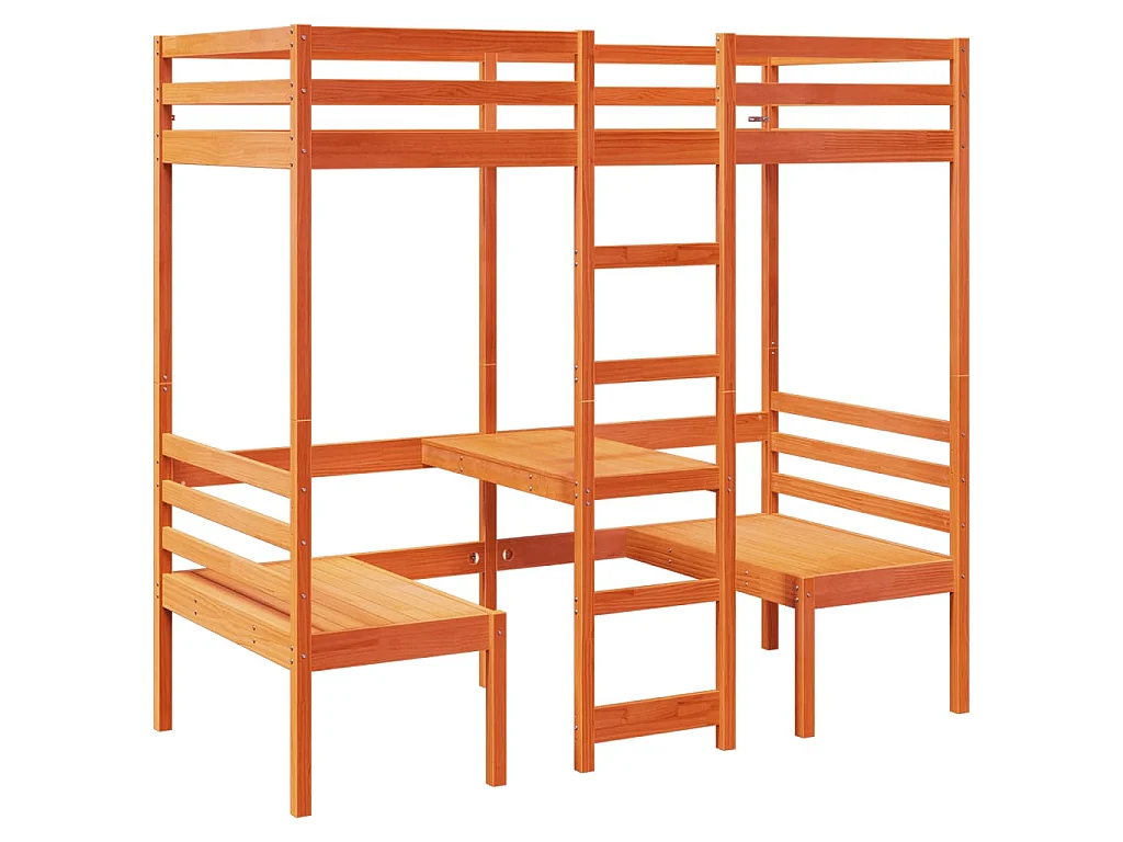 Hochbett mit Schreibtisch & Stühlen Braun 90x190 cm Kiefernholz