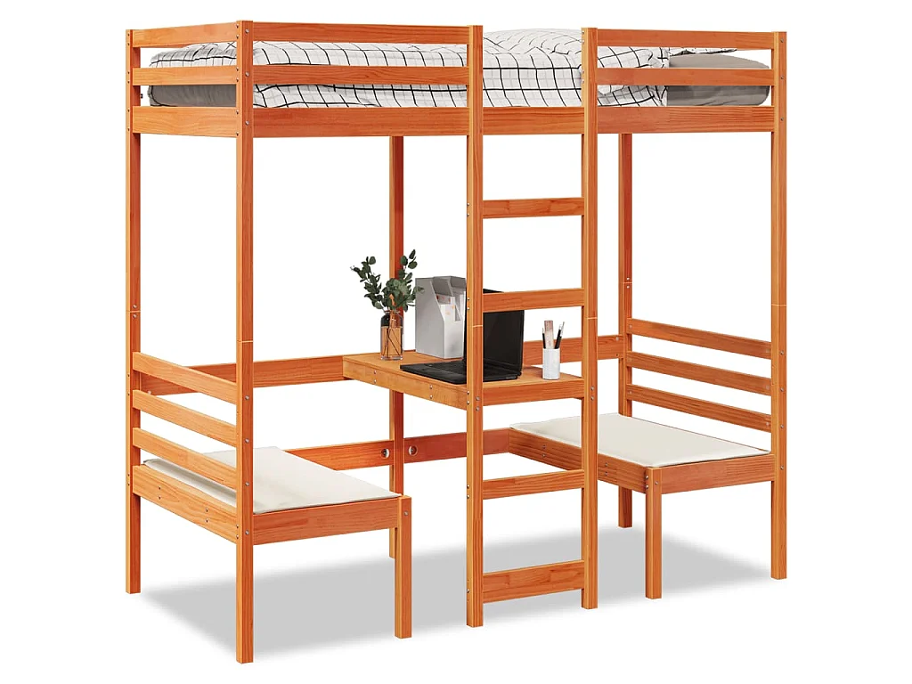 Hochbett mit Schreibtisch & Stühlen Braun 90x190 cm Kiefernholz