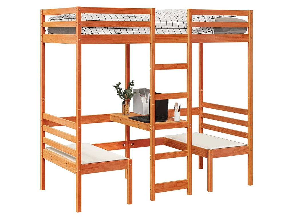 Hochbett mit Schreibtisch & Stühlen Braun 90x190 cm Kiefernholz