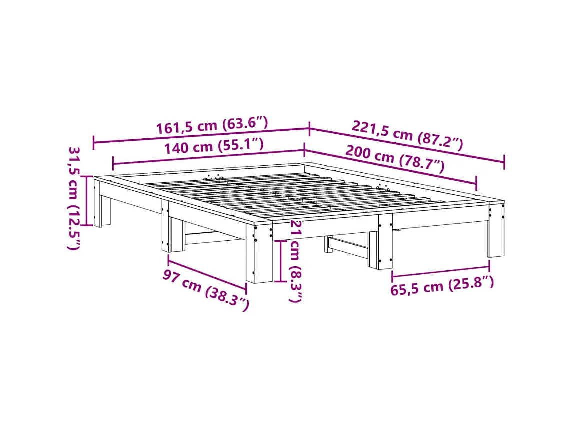 Giroletto senza Materasso Marrone Cera 140x200cm Massello Pino