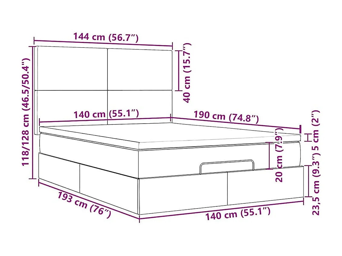 Cadre de lit ottoman avec matelas gris foncé 140x190 cm velours