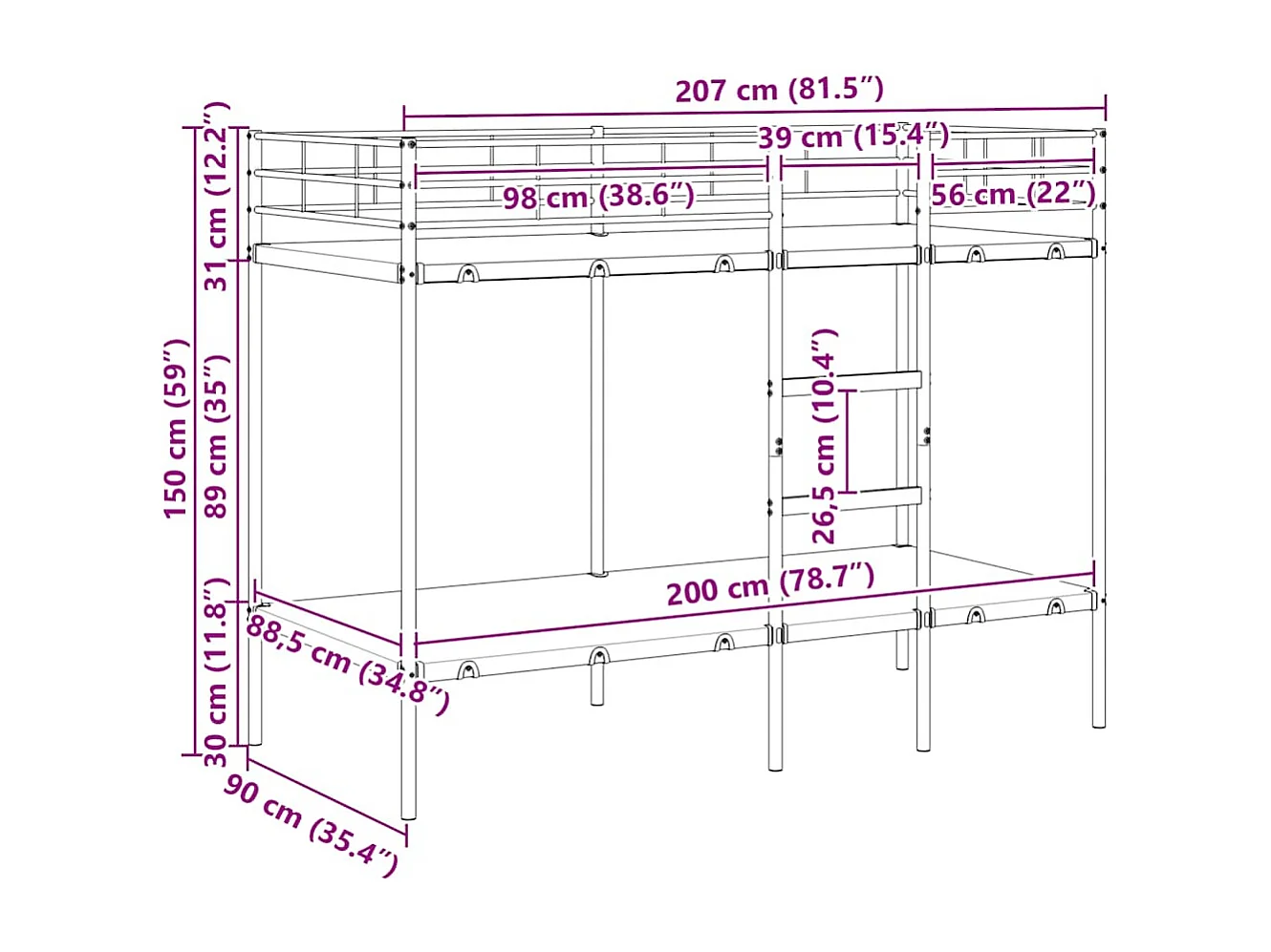 Stapelbed zonder matras 90x200 cm staal zwart
