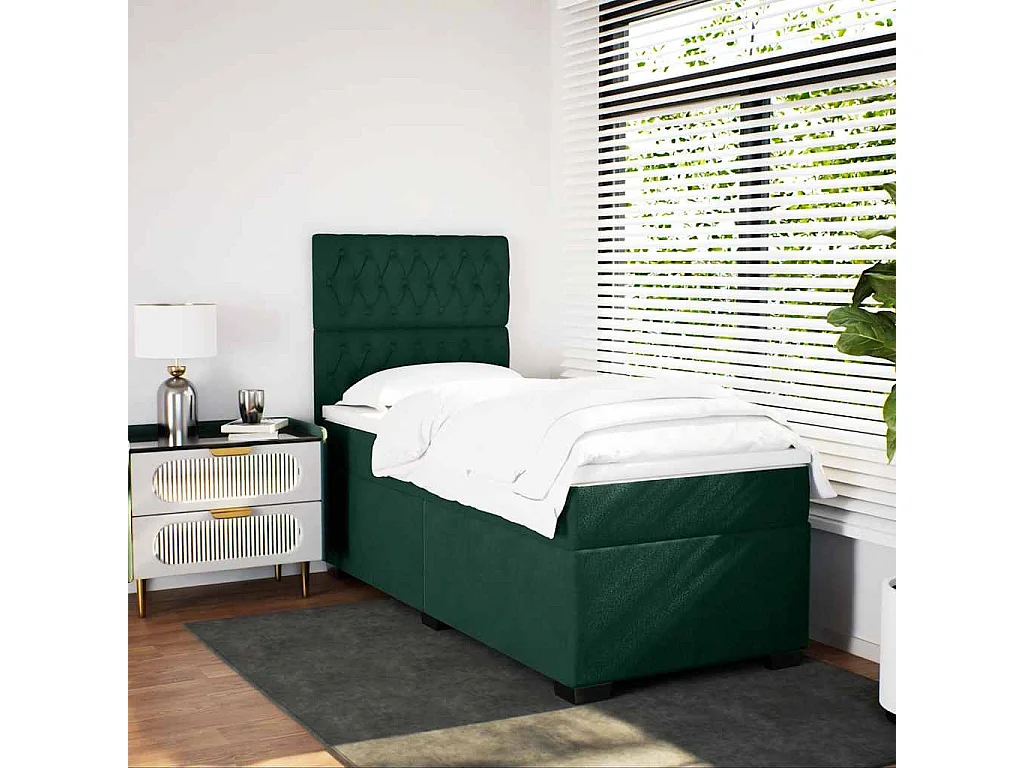 Cama box spring con colchón terciopelo verde oscuro 100x200 cm