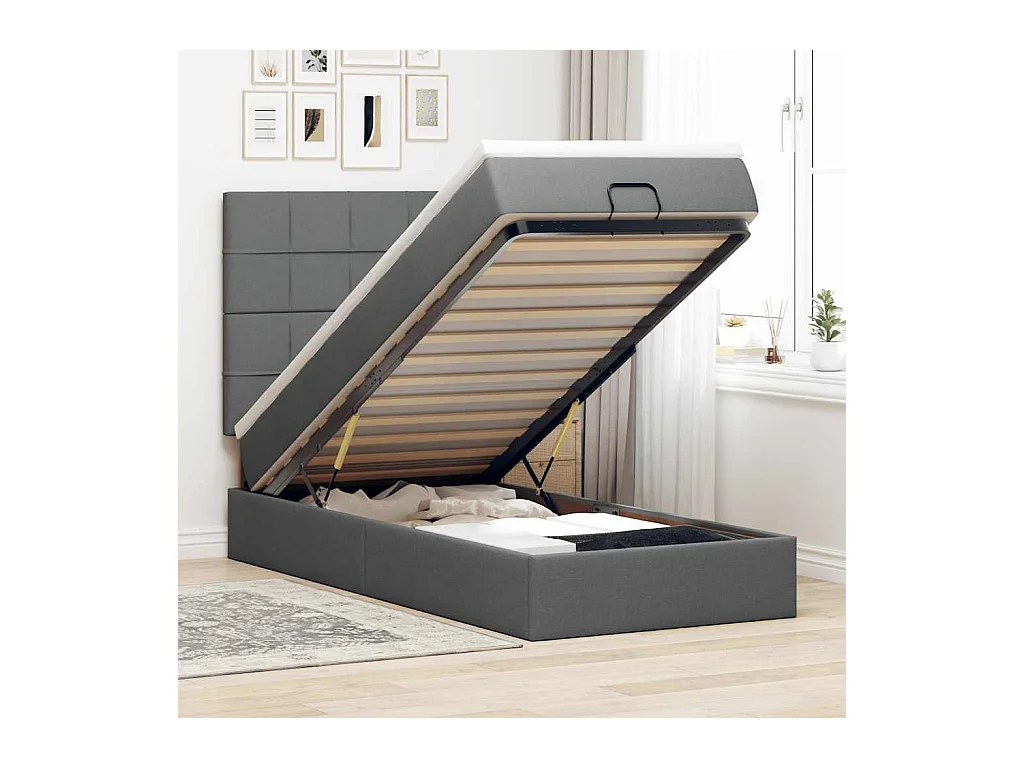 Lit ottoman avec matelas gris foncé 90x200 cm tissu