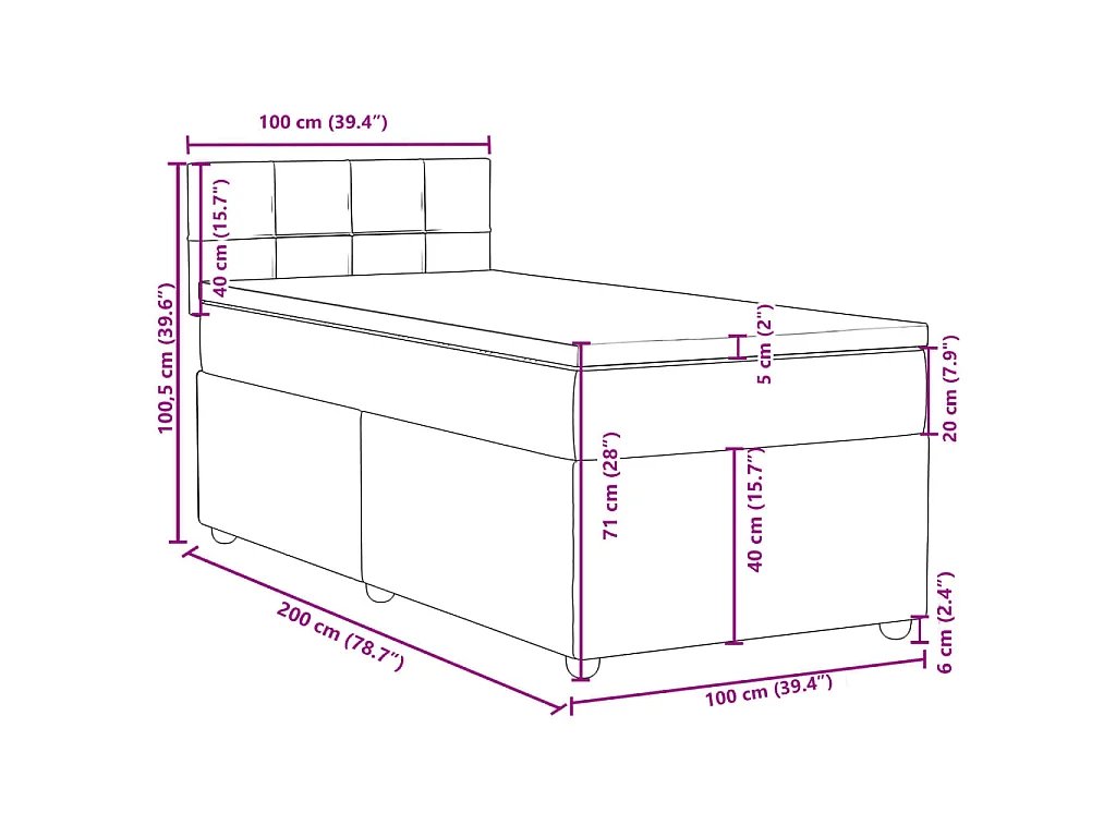 Cama box spring con colchón tela marrón oscuro 100x200 cm