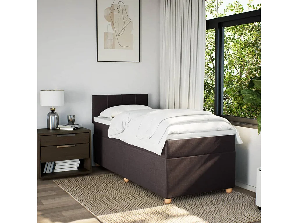 Cama box spring con colchón tela marrón oscuro 100x200 cm