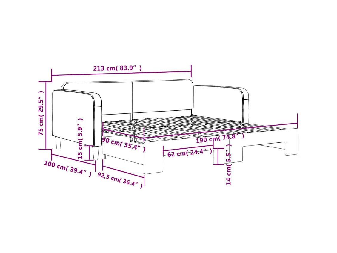 Lit de jour avec lit gigogne gris clair 90x190 cm tissu