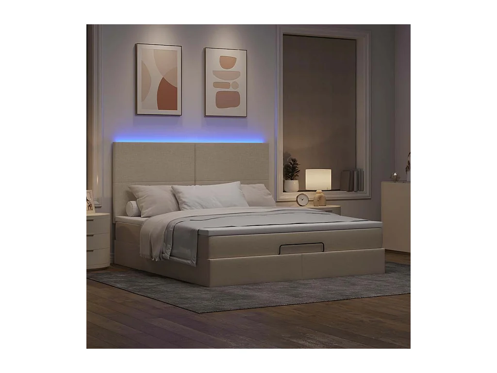 Struttura Letto Pouf con Materasso Crema 160x200 cm in Tessuto