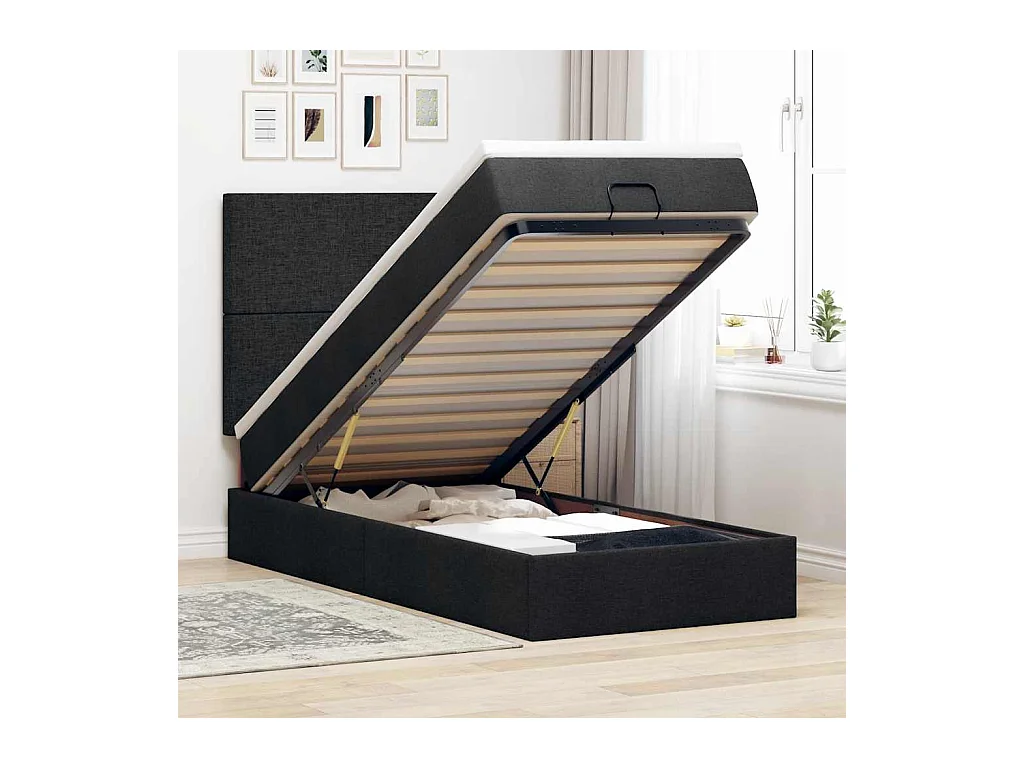 Struttura Letto Pouf con Materasso Nero 90x190 cm in Tessuto