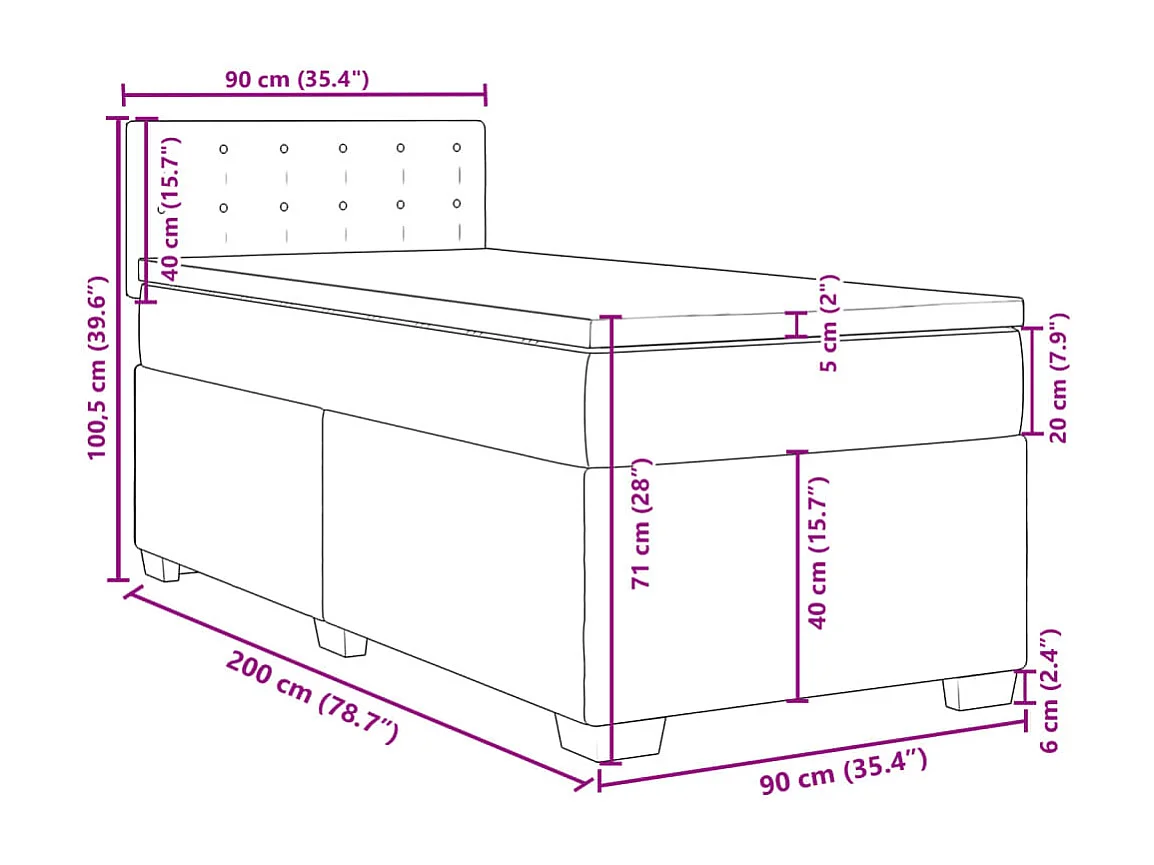 Cama box spring con colchón terciopelo rosa 90x200 cm